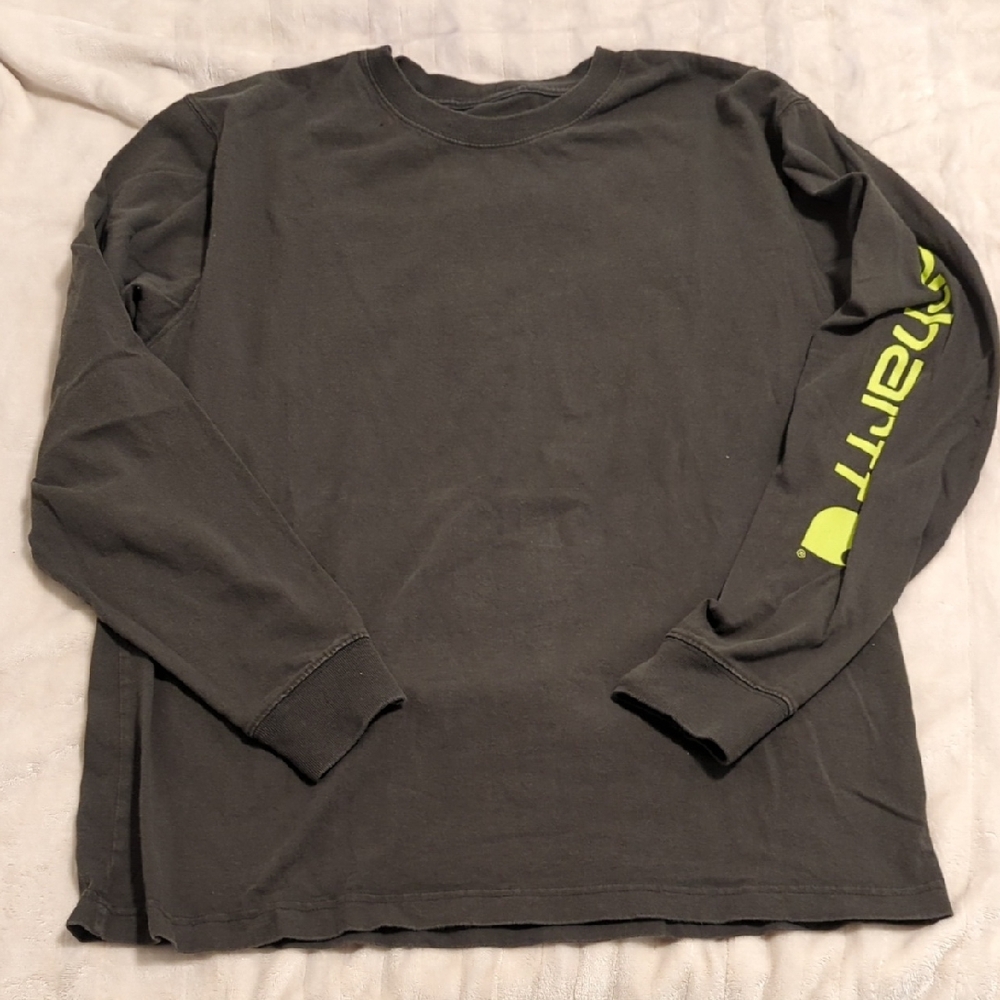 Carhartt Dark Green Long Sleeve Tee with Neon Yellow Sleeve Logo